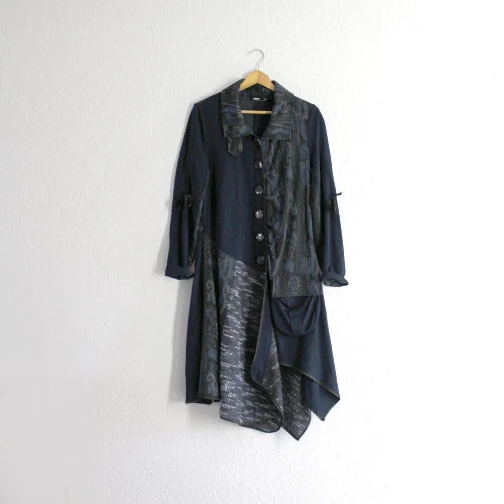 Tesoro Moda Art to Wear long mixed fabrics knit jacket cardigan top sz L large